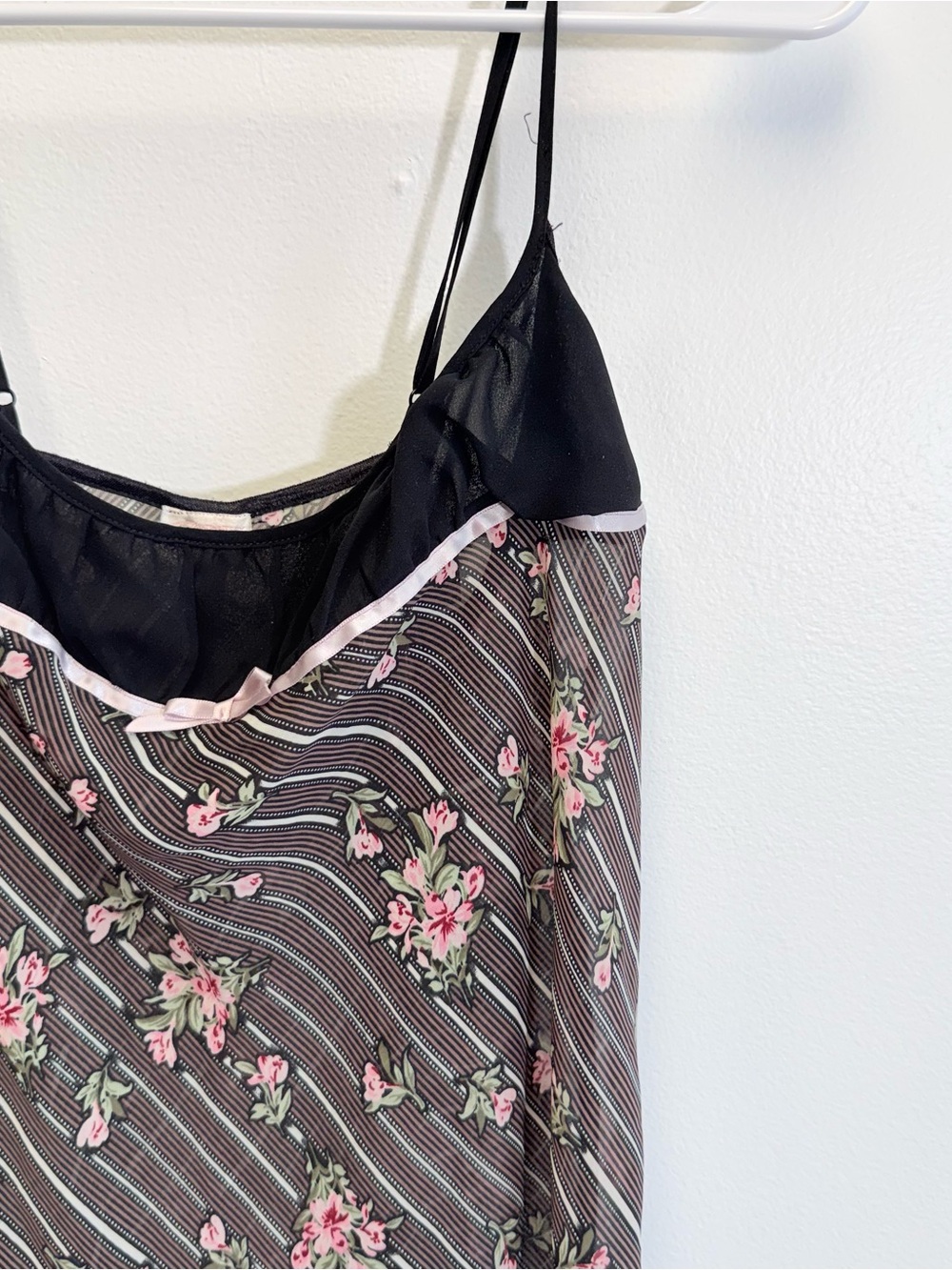 VTG Y2K Black Pink Floral Stripe Sheer Mini Slip Dress Large Coquette Bow - Picture 4 of 9